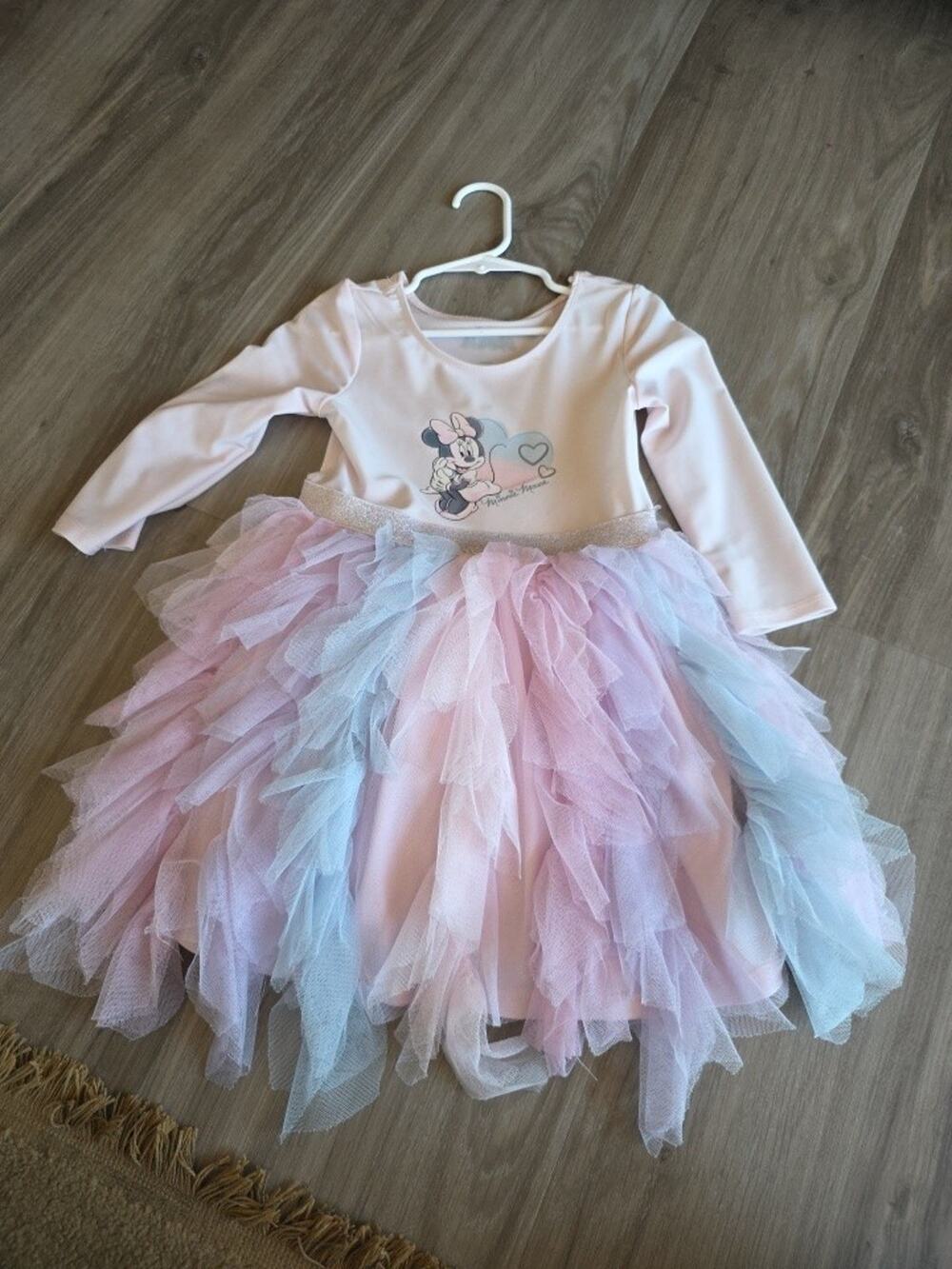 Disney Minnie Mouse Pink Girls 5T White Long Sleeve Tulle Tutu Dress Glitter